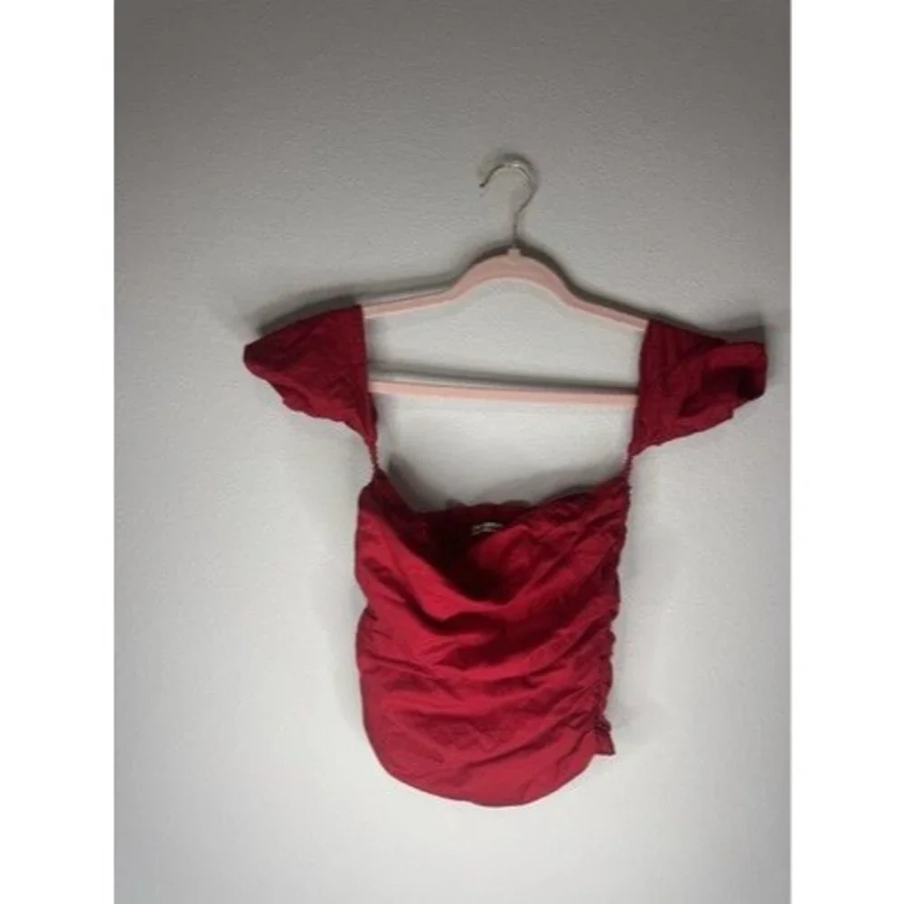 Reformation Red Cotton Spandex Knit Off-Shoulder Ruched Puff Sleeve Crop 4